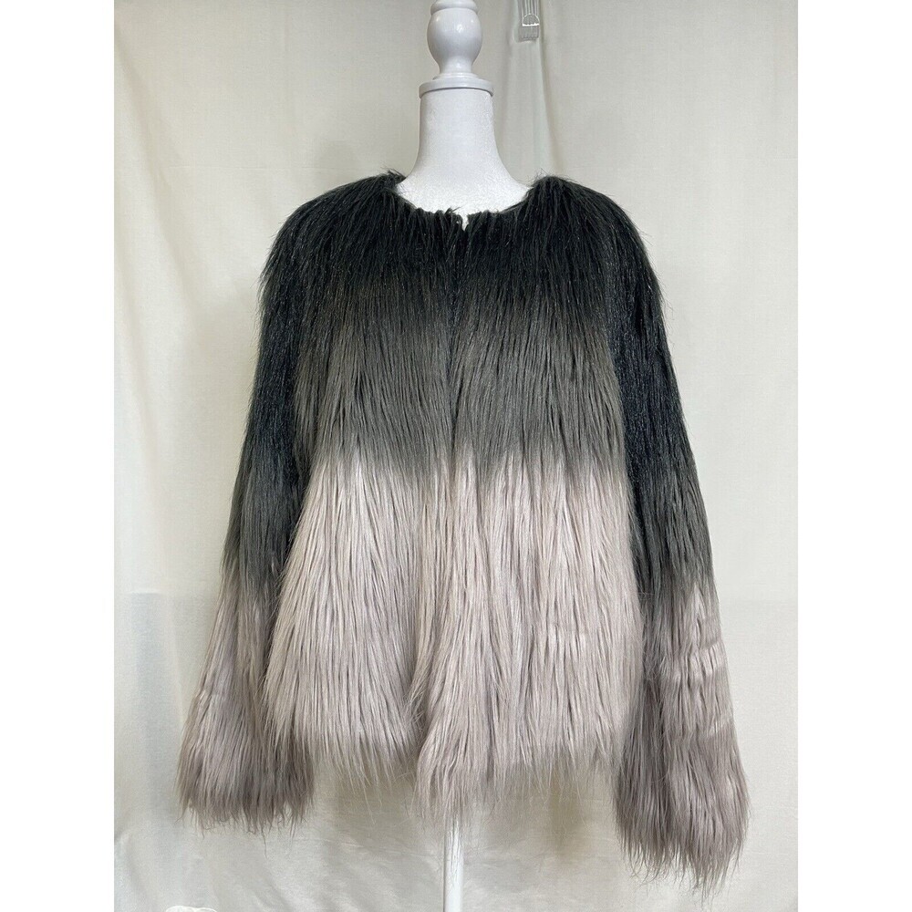 STUNNING Women XL Ombre Faux Fur Coat in Smoked Wool Black Grey Pockets Mob Wife
